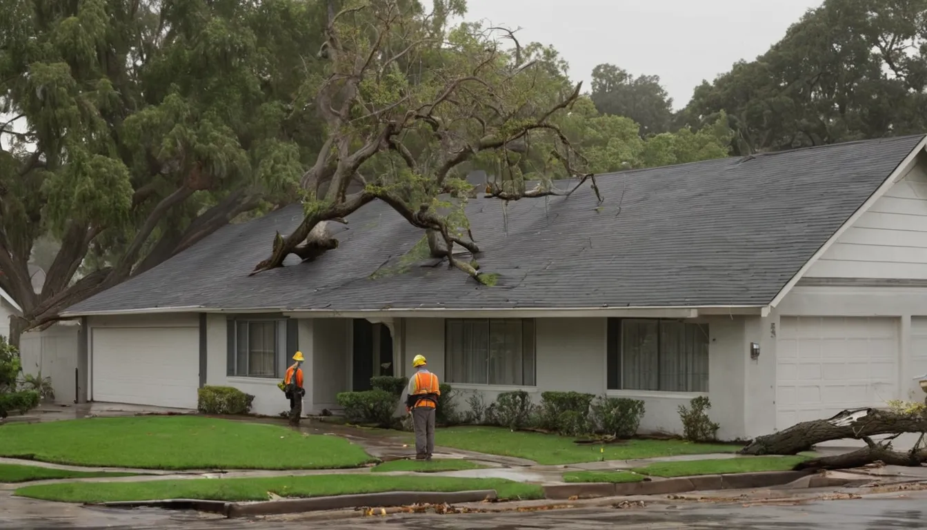 A tree service provider assessing a large fallen tree beside a stucco ranch home in Palo Alto