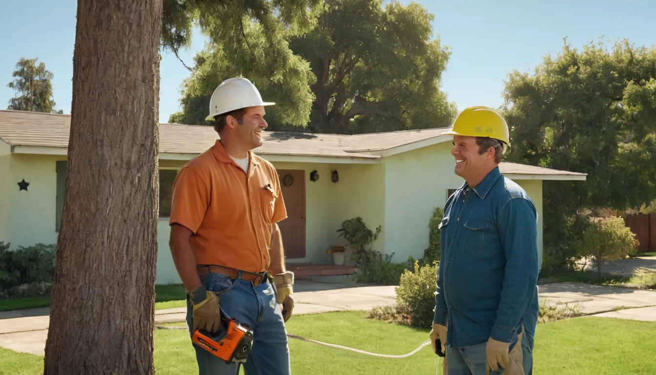A tree service provider planning a tree removal beside a stucco ranch home in Palo Alto