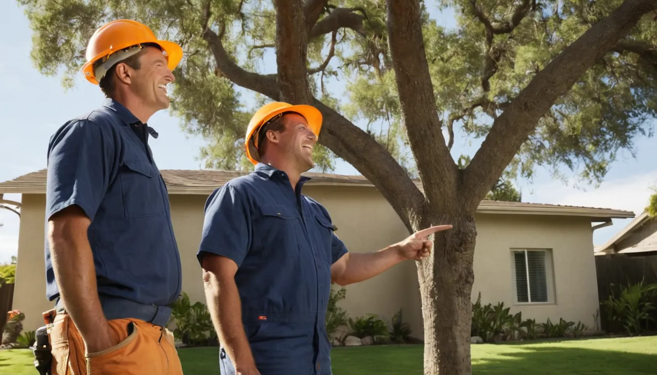 A friendly homeowner talking with a local tree provider in a Palo Alto front yard beside a tall tree